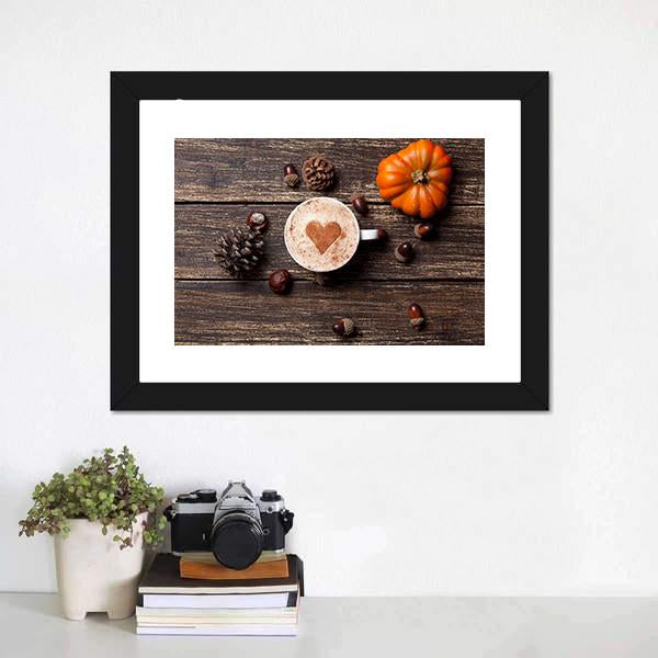 Coffee Cup With Pumpkin Canvas Wall Art-3 Horizontal-Gallery Wrap-25" x 16"-Tiaracle