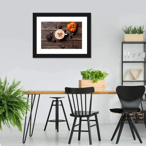 Coffee Cup With Pumpkin Canvas Wall Art-3 Horizontal-Gallery Wrap-25" x 16"-Tiaracle