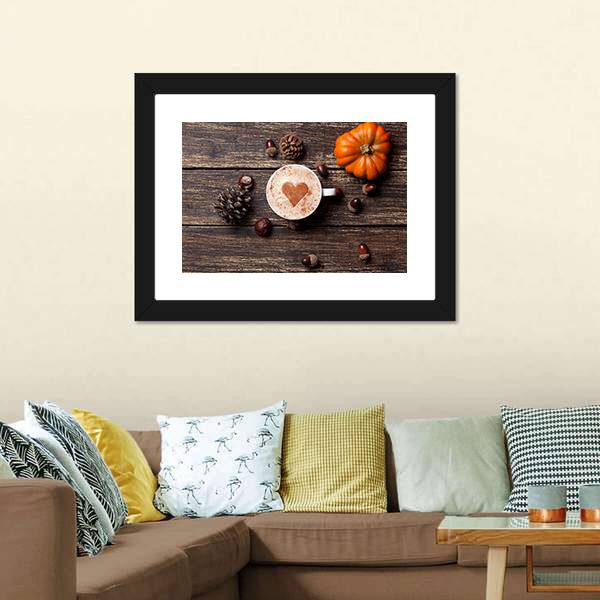 Coffee Cup With Pumpkin Canvas Wall Art-1 Piece-Framed Print-20" x 16"-Tiaracle