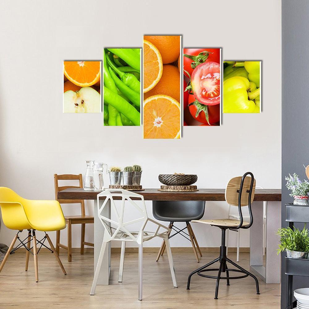 Collage Of Fruits & Vegetables Canvas Wall Art-5 Star-Gallery Wrap-62" x 32"-Tiaracle