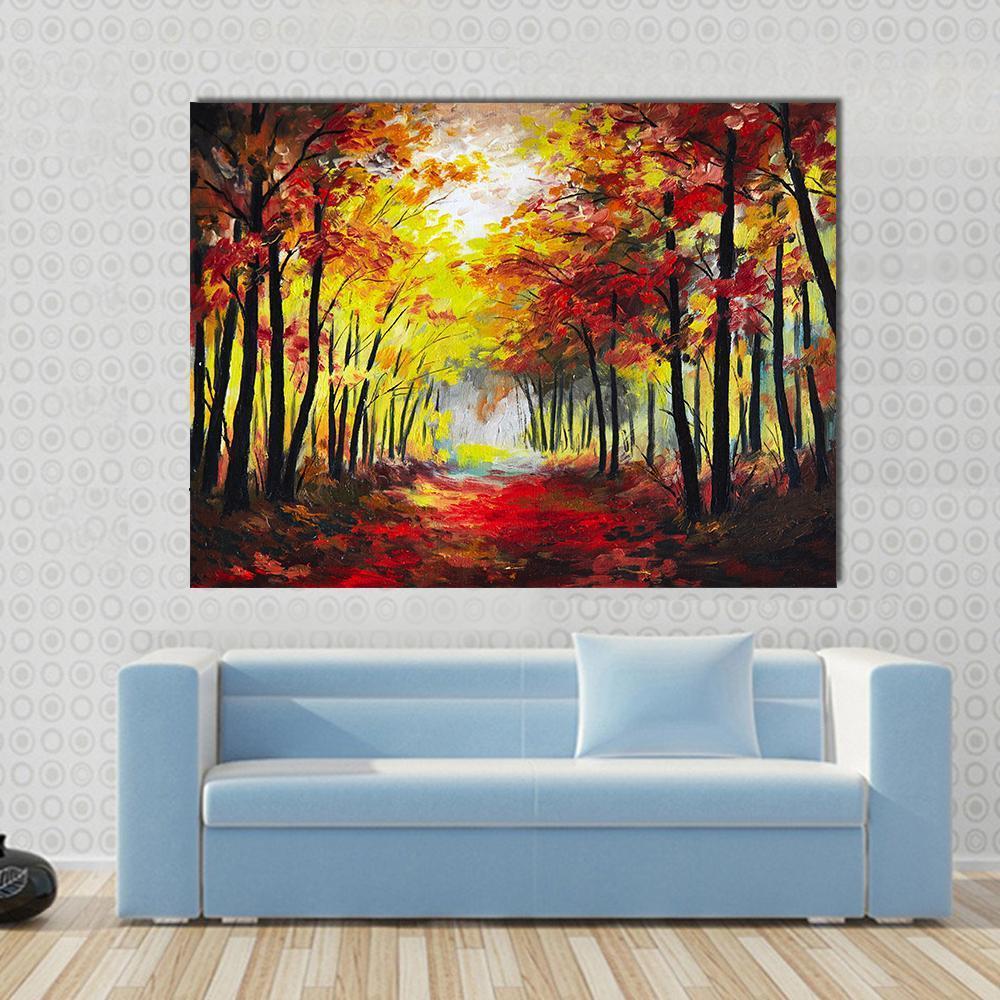 Colorful Autumn Forest Pathway Canvas Wall Art-1 Piece-Gallery Wrap-48" x 32"-Tiaracle