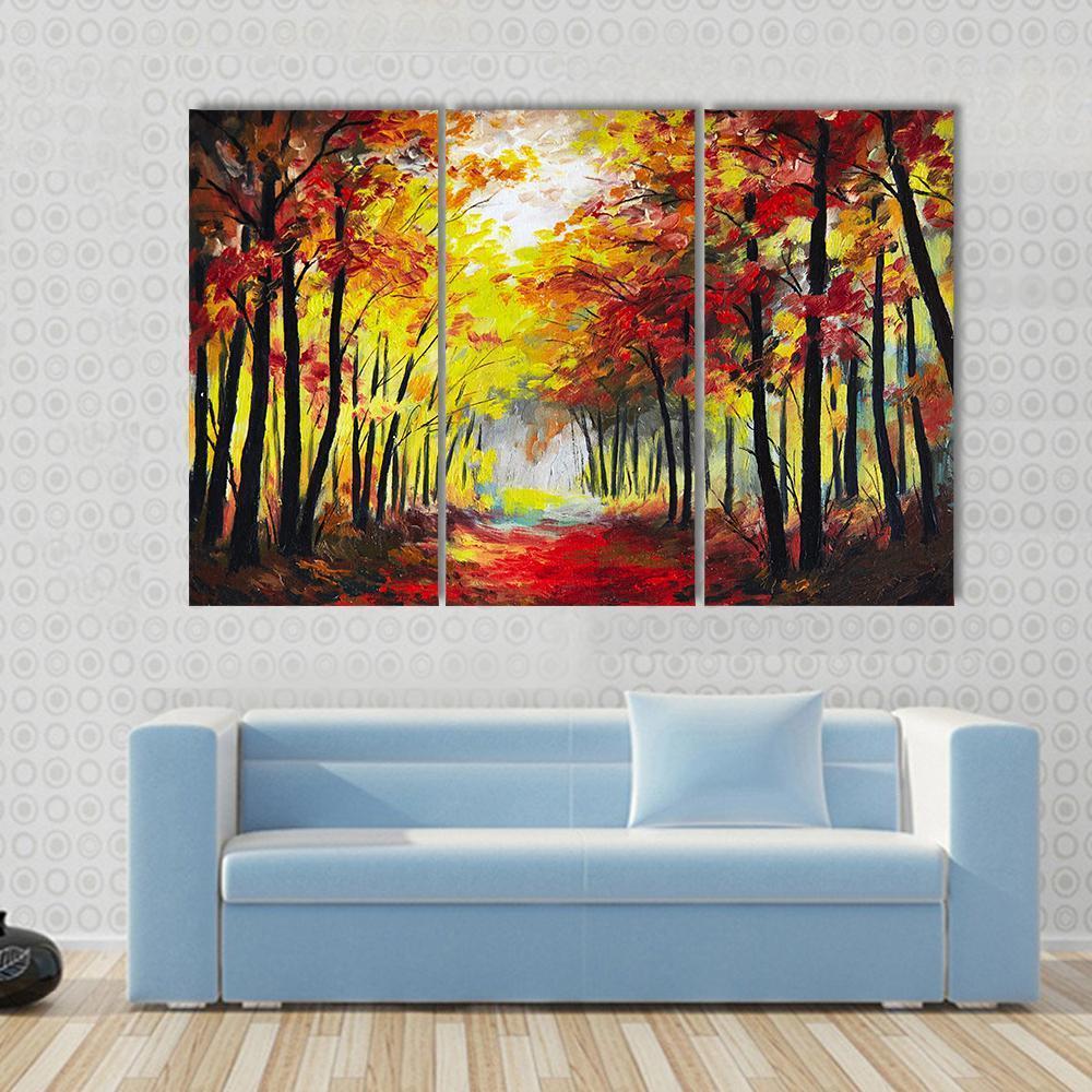 Colorful Autumn Forest Pathway Canvas Wall Art-3 Horizontal-Gallery Wrap-37" x 24"-Tiaracle