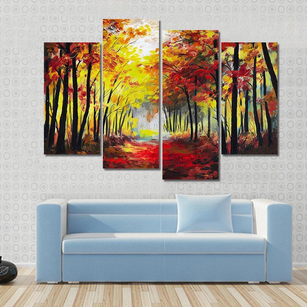 Colorful Autumn Forest Pathway Canvas Wall Art-4 Pop-Gallery Wrap-50" x 32"-Tiaracle