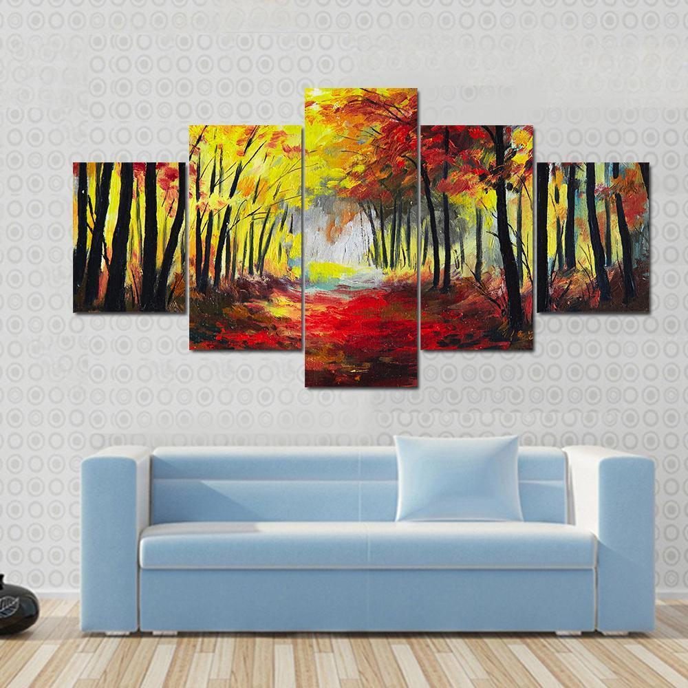 Colorful Autumn Forest Pathway Canvas Wall Art-5 Star-Gallery Wrap-62" x 32"-Tiaracle