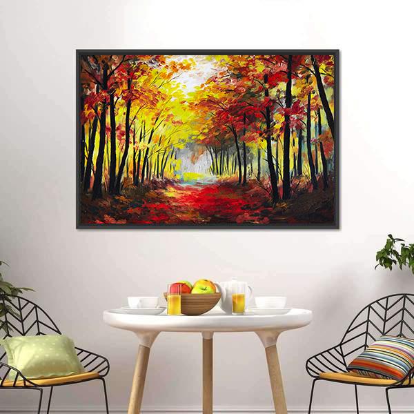 Colorful Autumn Forest Pathway Canvas Wall Art-1 Piece-Floating Frame-24" x 16"-Tiaracle