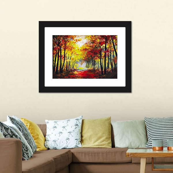 Colorful Autumn Forest Pathway Canvas Wall Art-1 Piece-Framed Print-20" x 16"-Tiaracle