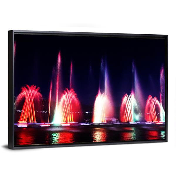 Colorful Fountain At Night Canvas Wall Art-3 Horizontal-Gallery Wrap-25" x 16"-Tiaracle