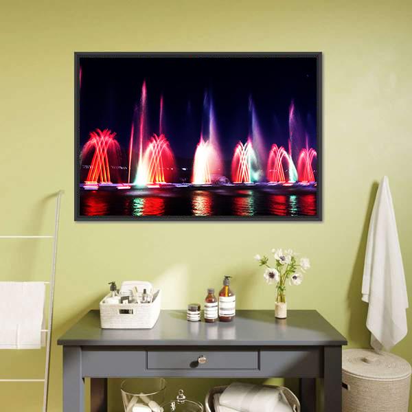 Colorful Fountain At Night Canvas Wall Art-3 Horizontal-Gallery Wrap-25" x 16"-Tiaracle