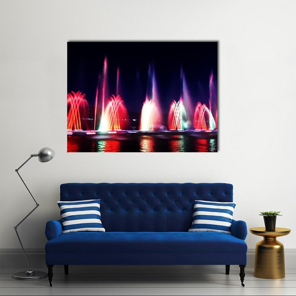 Colorful Fountain At Night Canvas Wall Art-1 Piece-Gallery Wrap-48" x 32"-Tiaracle