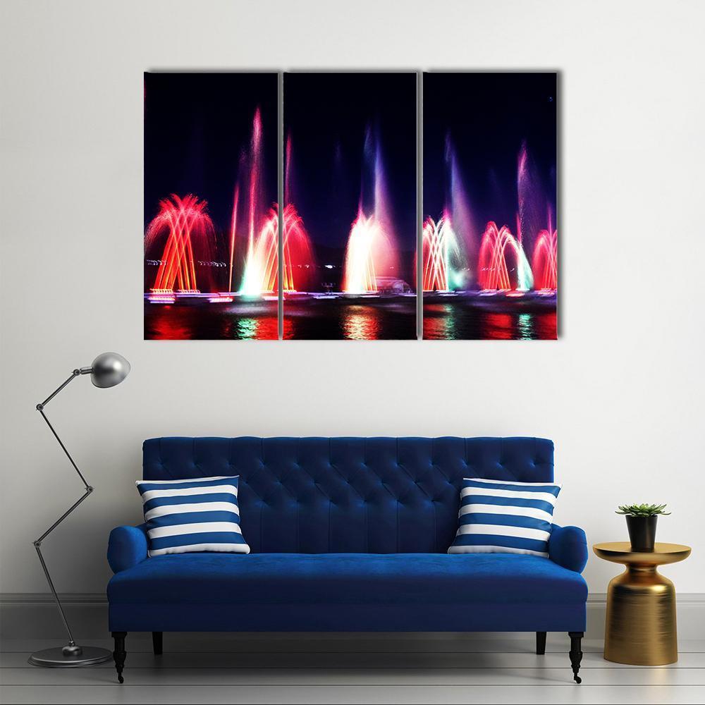 Colorful Fountain At Night Canvas Wall Art-3 Horizontal-Gallery Wrap-37" x 24"-Tiaracle