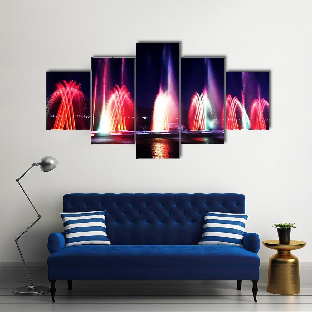 Colorful Fountain At Night Canvas Wall Art-5 Star-Gallery Wrap-62" x 32"-Tiaracle