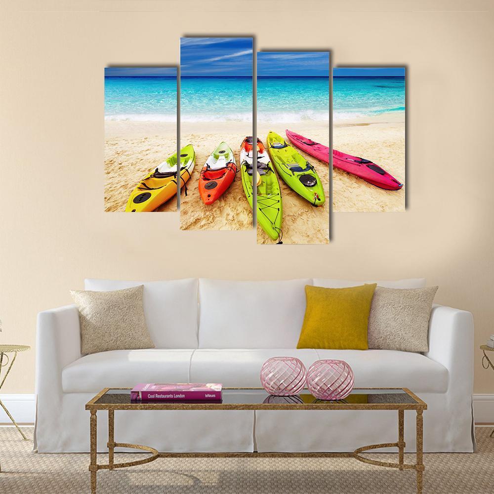 Colorful Kayaks On Beach Canvas Wall Art-4 Pop-Gallery Wrap-50" x 32"-Tiaracle