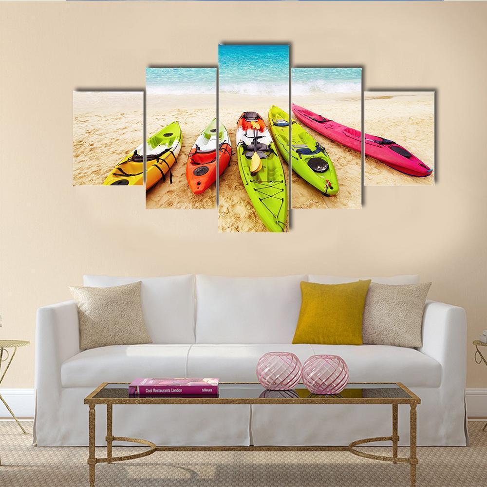 Colorful Kayaks On Beach Canvas Wall Art-5 Star-Gallery Wrap-62" x 32"-Tiaracle