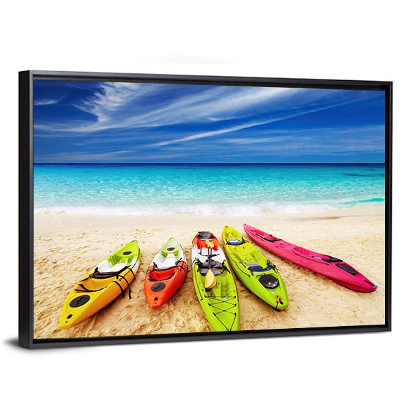 Colorful Kayaks On Beach Canvas Wall Art-3 Horizontal-Gallery Wrap-25" x 16"-Tiaracle