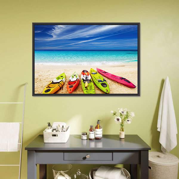 Colorful Kayaks On Beach Canvas Wall Art-3 Horizontal-Gallery Wrap-25" x 16"-Tiaracle