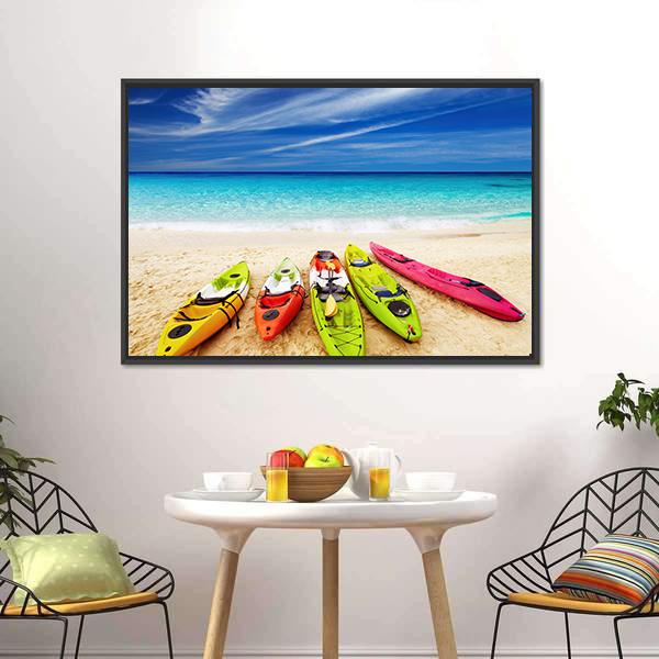 Colorful Kayaks On Beach Canvas Wall Art-1 Piece-Floating Frame-24" x 16"-Tiaracle