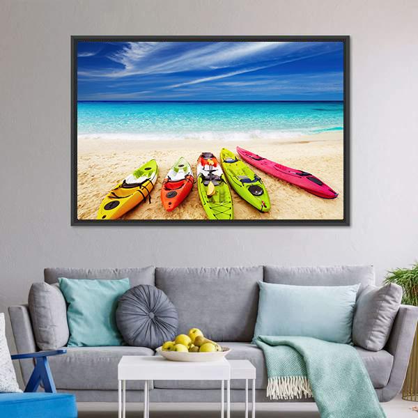 Colorful Kayaks On Beach Canvas Wall Art-3 Horizontal-Gallery Wrap-25" x 16"-Tiaracle