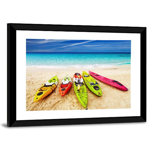 Colorful Kayaks On Beach Canvas Wall Art-3 Horizontal-Gallery Wrap-25" x 16"-Tiaracle