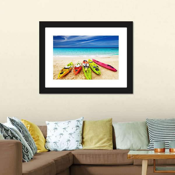 Colorful Kayaks On Beach Canvas Wall Art-1 Piece-Framed Print-20" x 16"-Tiaracle
