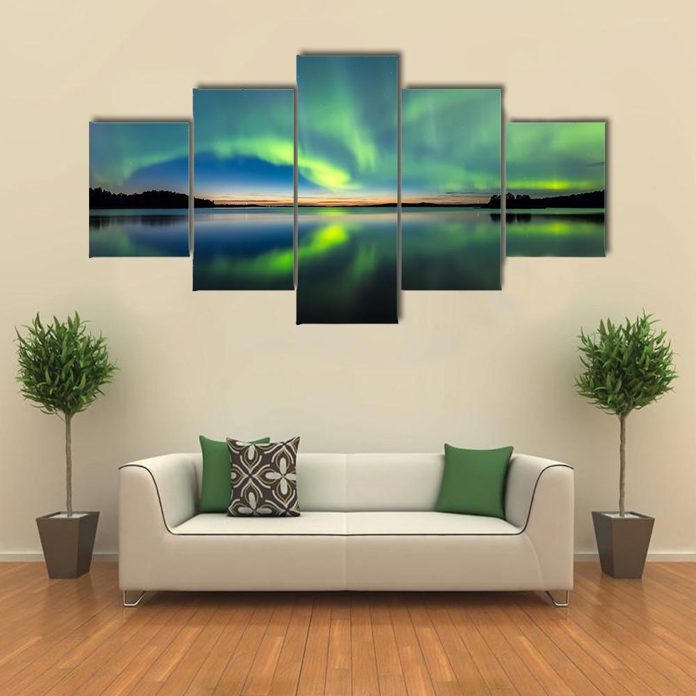 Northern Lights In Sky Canvas Wall Art-5 Star-Gallery Wrap-62" x 32"-Tiaracle
