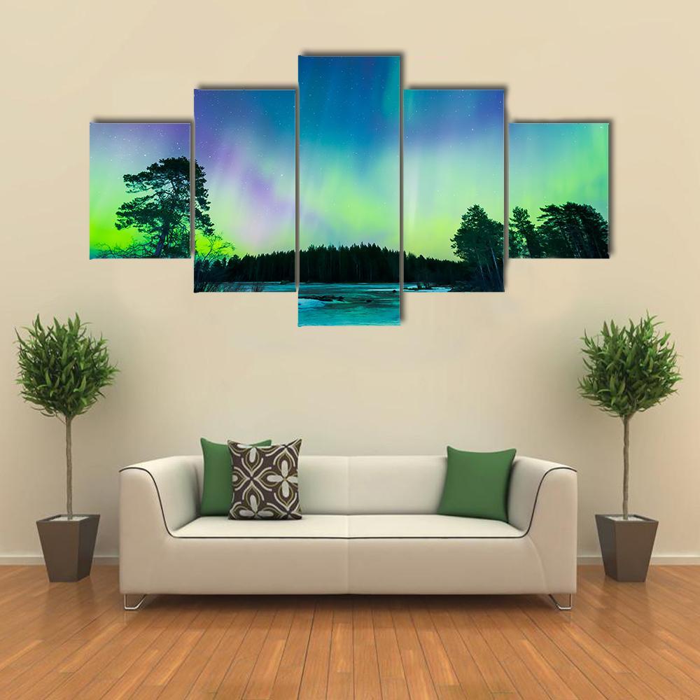 Colorful Northern Lights Canvas Wall Art-5 Star-Gallery Wrap-62" x 32"-Tiaracle