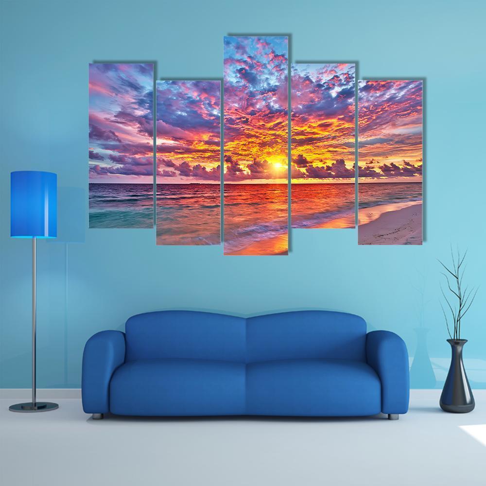 Colorful Sunset Over Ocean Canvas Wall Art-5 Pop-Gallery Wrap-47" x 32"-Tiaracle