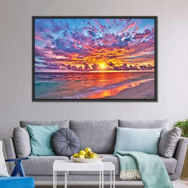 Colorful Sunset Over Ocean Canvas Wall Art-3 Horizontal-Gallery Wrap-25" x 16"-Tiaracle