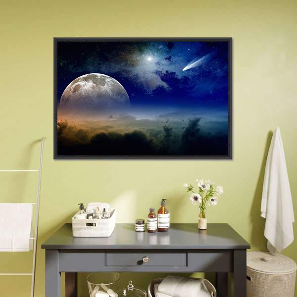 Comet In Dark Blue Sky Canvas Wall Art-1 Piece-Floating Frame-24" x 16"-Tiaracle