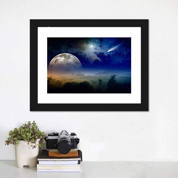 Comet In Dark Blue Sky Canvas Wall Art-1 Piece-Framed Print-20" x 16"-Tiaracle