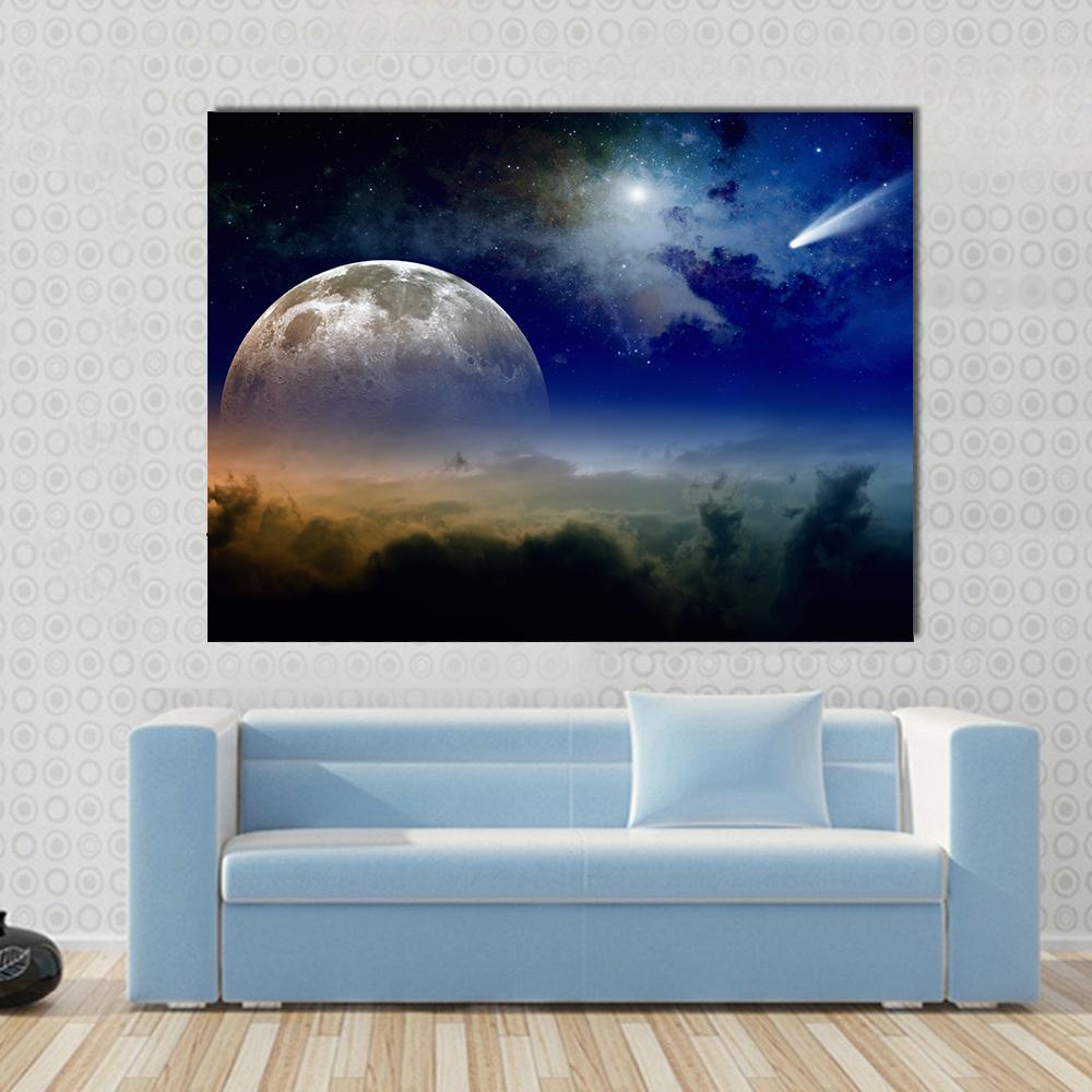 Comet In Dark Blue Sky Canvas Wall Art-1 Piece-Gallery Wrap-48" x 32"-Tiaracle