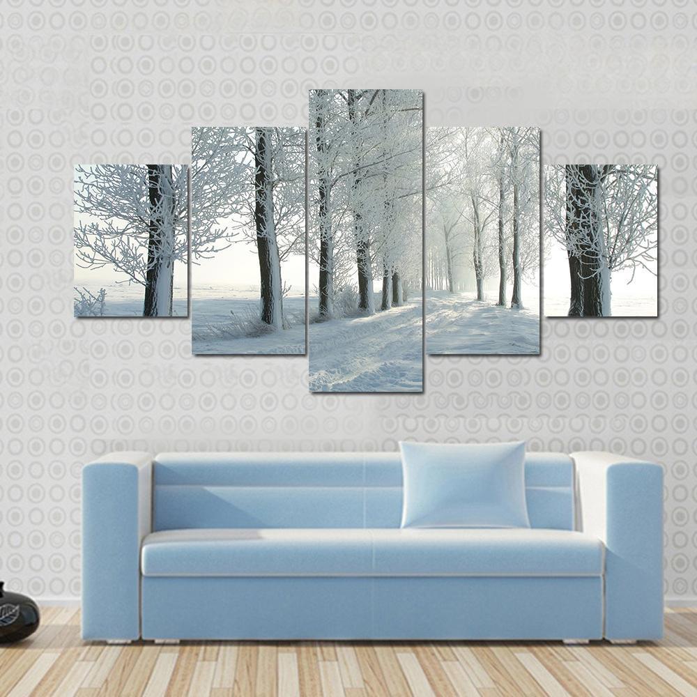 Country Road In Winter Canvas Wall Art-5 Star-Gallery Wrap-62" x 32"-Tiaracle