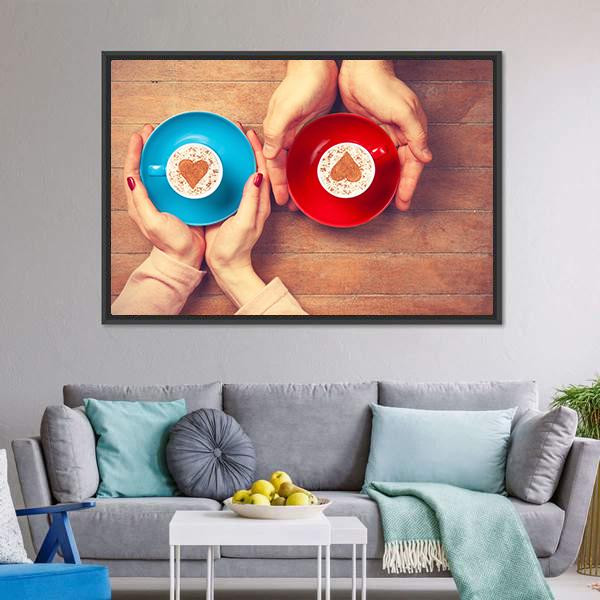 Couple Holding Coffee Cups Canvas Wall Art-1 Piece-Floating Frame-24" x 16"-Tiaracle