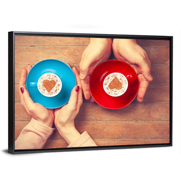 Couple Holding Coffee Cups Canvas Wall Art-3 Horizontal-Gallery Wrap-25" x 16"-Tiaracle