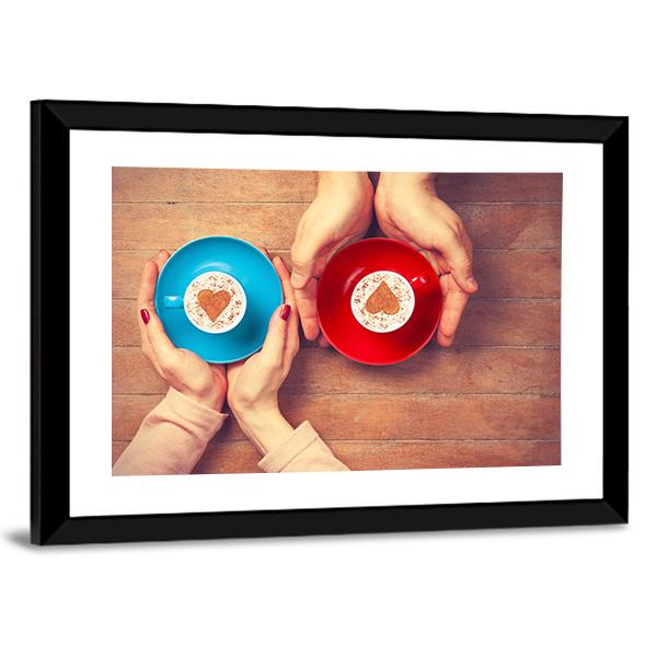 Couple Holding Coffee Cups Canvas Wall Art-3 Horizontal-Gallery Wrap-25" x 16"-Tiaracle