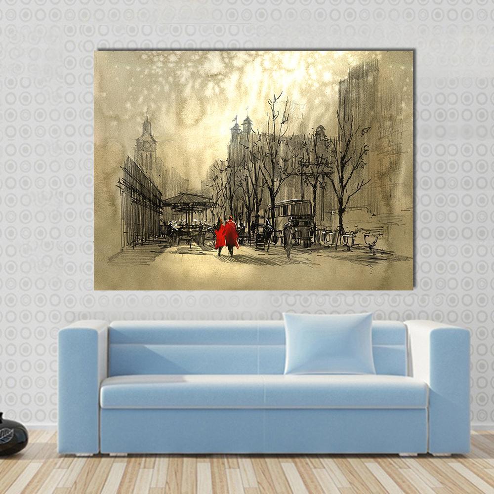 Couple In Red On Street Canvas Wall Art-1 Piece-Gallery Wrap-48" x 32"-Tiaracle