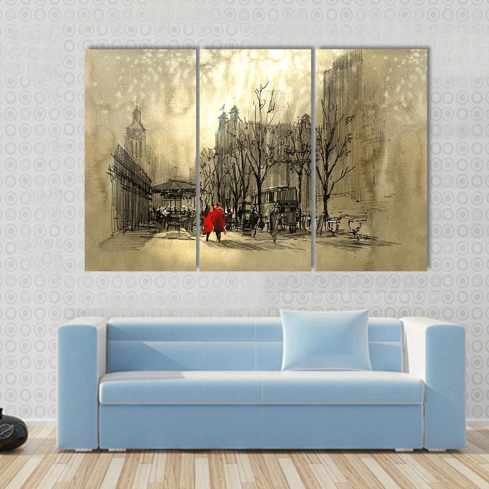 Couple In Red On Street Canvas Wall Art-3 Horizontal-Gallery Wrap-37" x 24"-Tiaracle