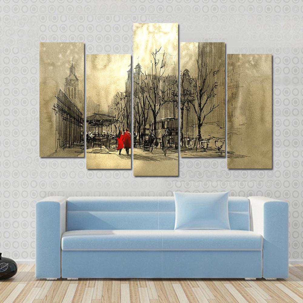 Couple In Red On Street Canvas Wall Art-5 Pop-Gallery Wrap-47" x 32"-Tiaracle