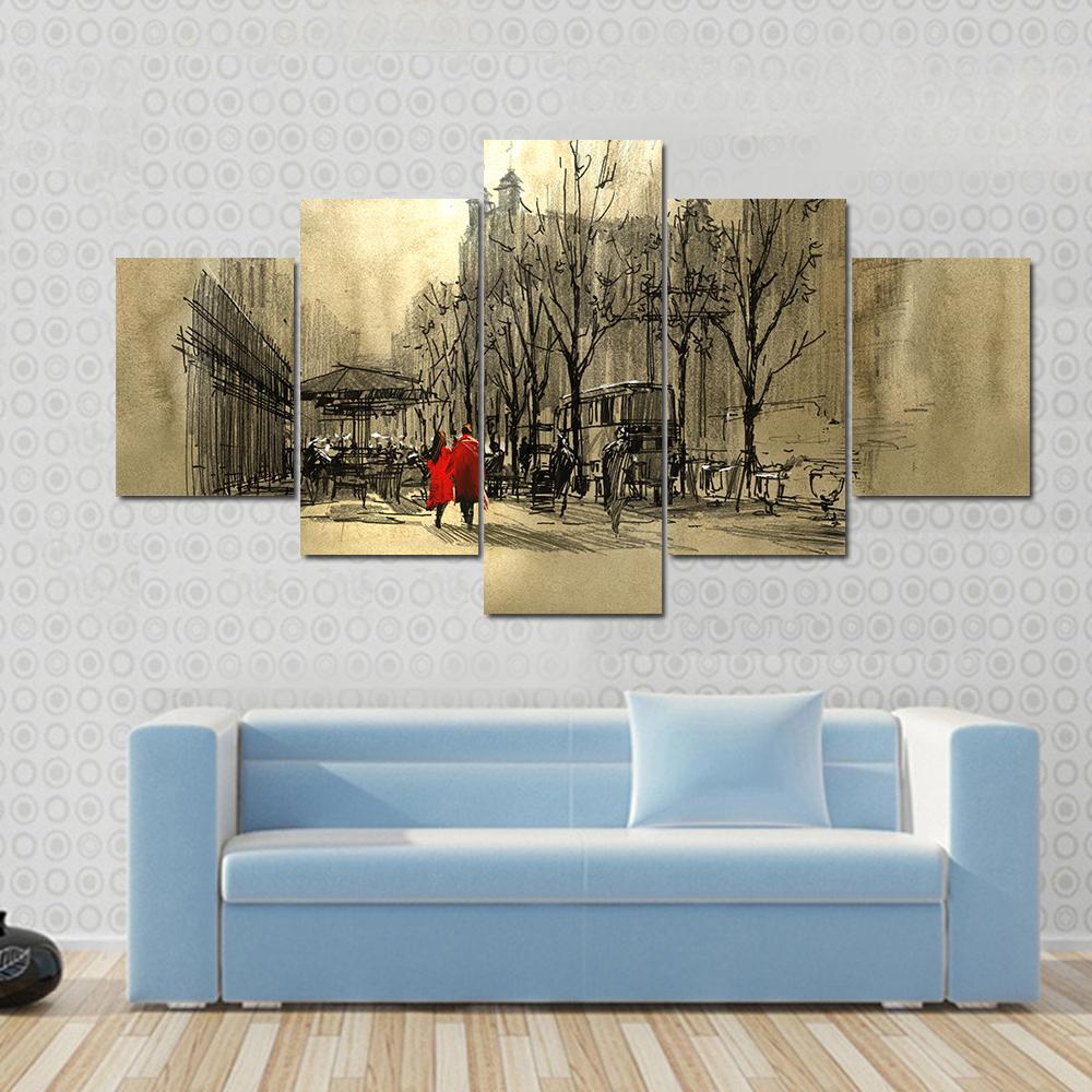 Couple In Red On Street Canvas Wall Art-5 Star-Gallery Wrap-62" x 32"-Tiaracle