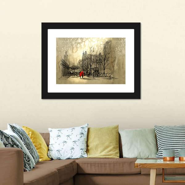 Couple In Red On Street Canvas Wall Art-1 Piece-Framed Print-20" x 16"-Tiaracle