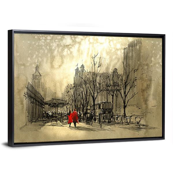 Couple In Red On Street Canvas Wall Art-3 Horizontal-Gallery Wrap-25" x 16"-Tiaracle