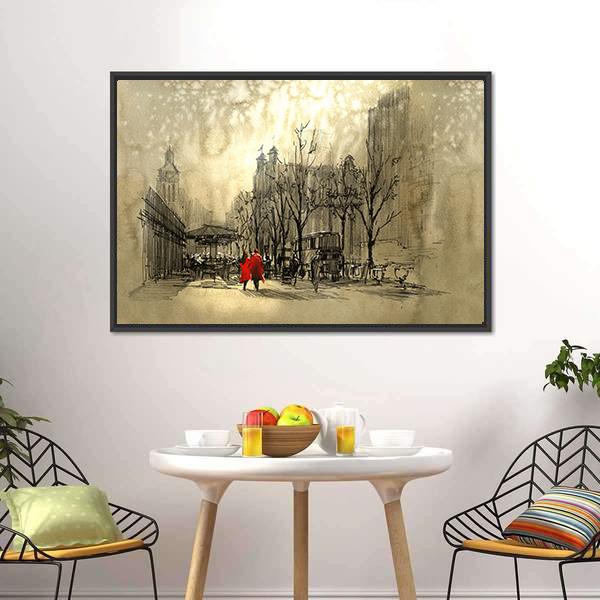 Couple In Red On Street Canvas Wall Art-1 Piece-Floating Frame-24" x 16"-Tiaracle