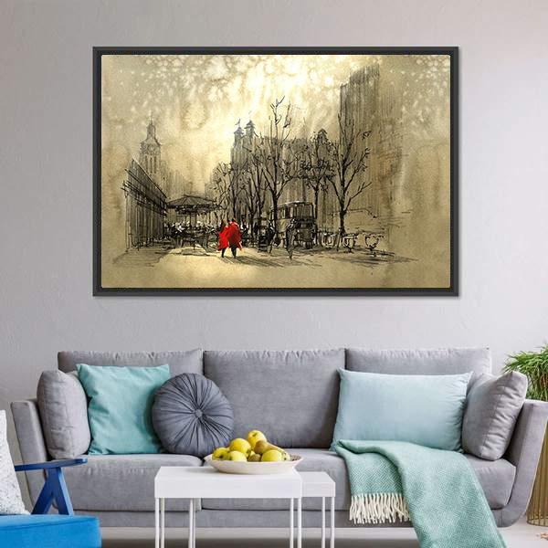 Couple In Red On Street Canvas Wall Art-3 Horizontal-Gallery Wrap-25" x 16"-Tiaracle