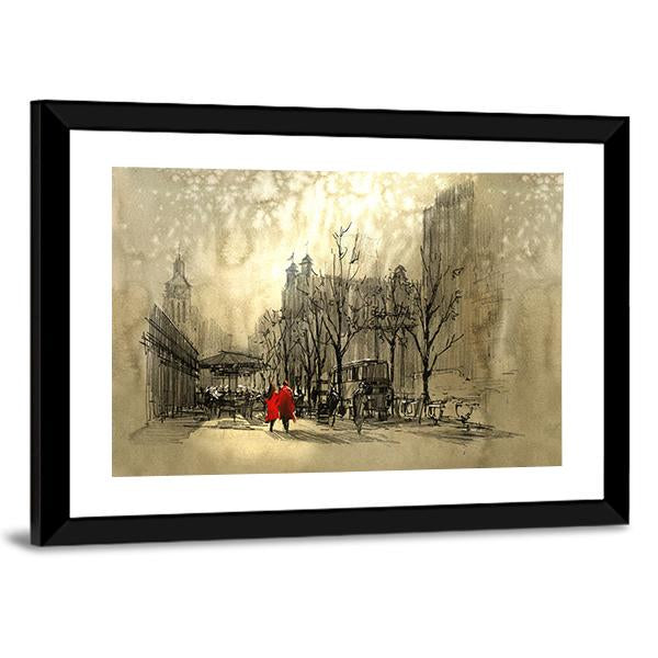 Couple In Red On Street Canvas Wall Art-3 Horizontal-Gallery Wrap-25" x 16"-Tiaracle