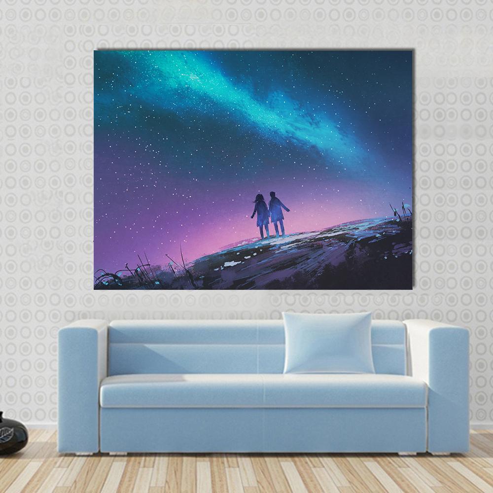 Couple & Milky Way Galaxy Canvas Wall Art-1 Piece-Gallery Wrap-48" x 32"-Tiaracle