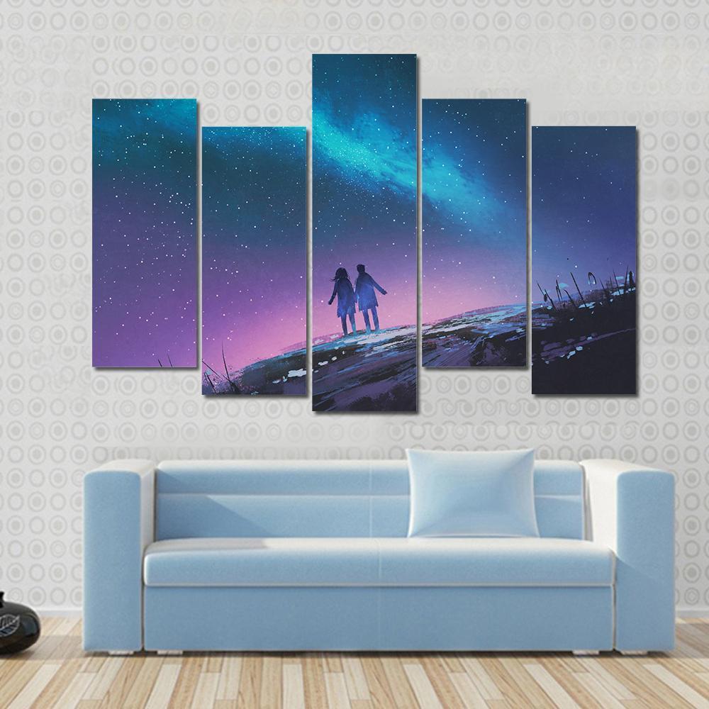 Couple & Milky Way Galaxy Canvas Wall Art-5 Pop-Gallery Wrap-47" x 32"-Tiaracle