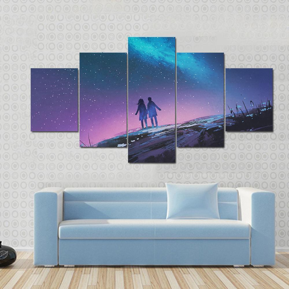 Couple & Milky Way Galaxy Canvas Wall Art-5 Star-Gallery Wrap-62" x 32"-Tiaracle