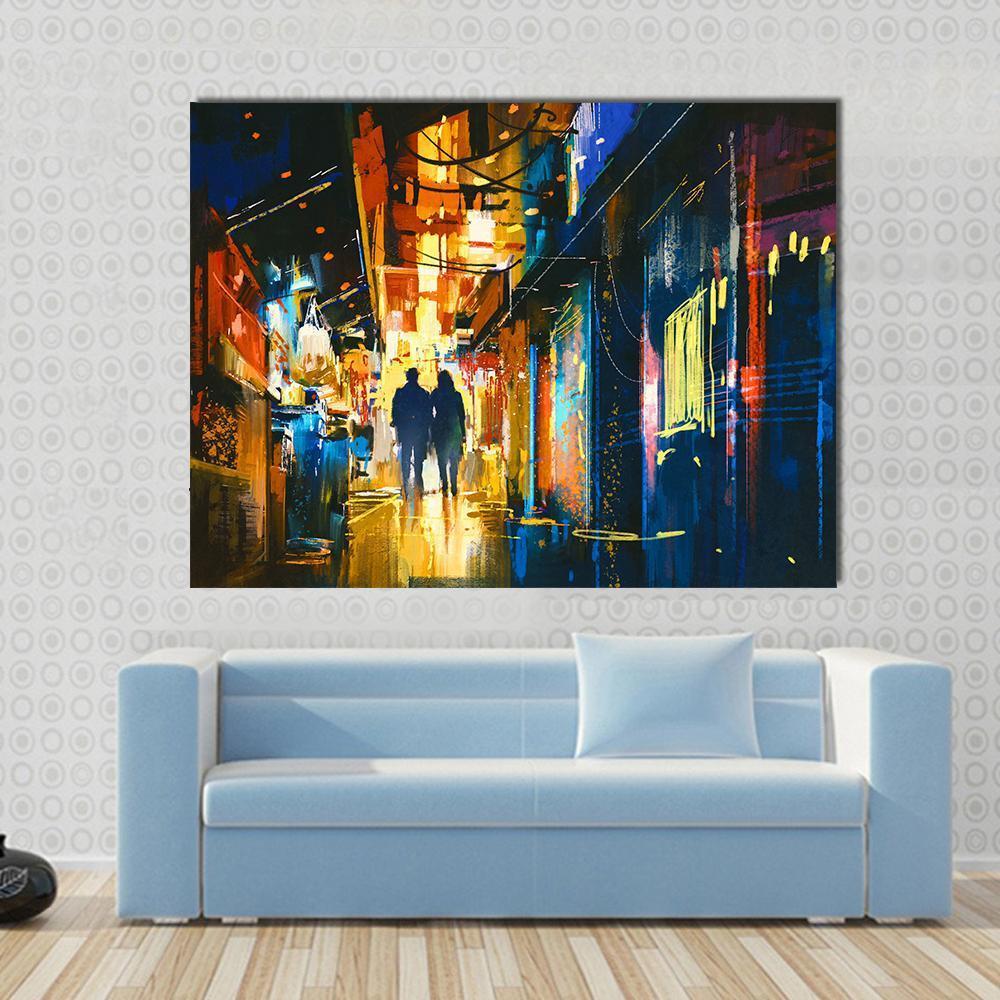 Couple Walking In Alley Canvas Wall Art-1 Piece-Gallery Wrap-48" x 32"-Tiaracle