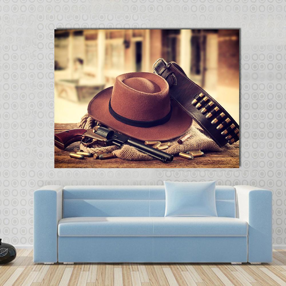 Cowboy Hat & Gun Canvas Wall Art-1 Piece-Gallery Wrap-48" x 32"-Tiaracle