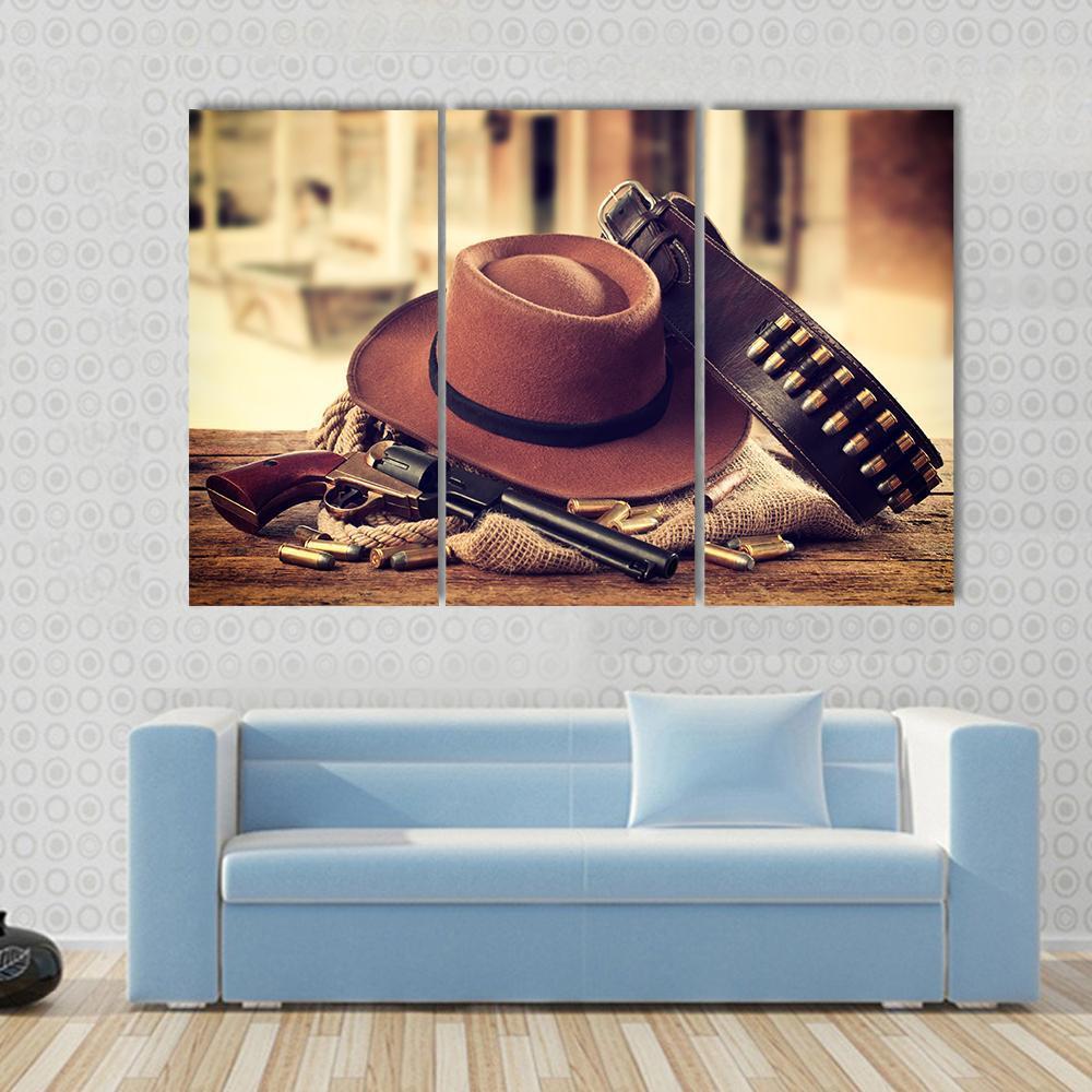 Cowboy Hat & Gun Canvas Wall Art-3 Horizontal-Gallery Wrap-37" x 24"-Tiaracle