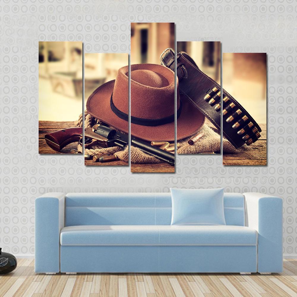 Cowboy Hat & Gun Canvas Wall Art-5 Pop-Gallery Wrap-47" x 32"-Tiaracle